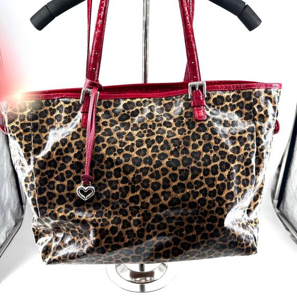 Brighton Leopard Print Tote – Red Croc Trim Shoulder Bag with Heart Charm - Picture 9 of 10